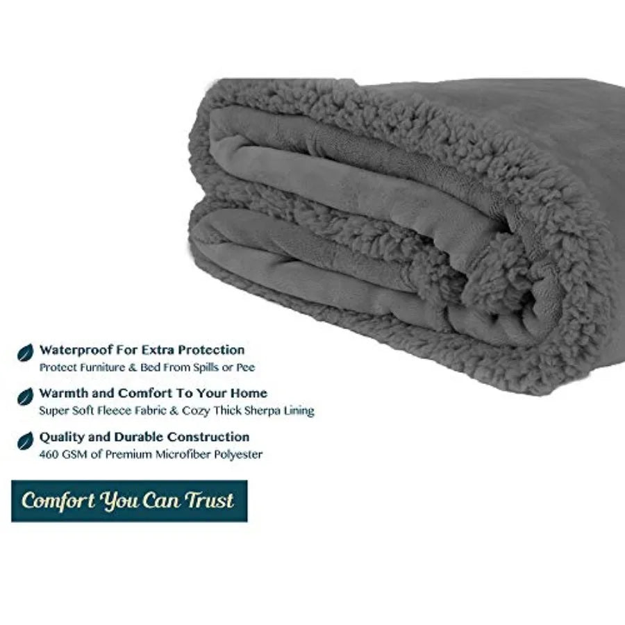 Waterproof Blanket Throw Dark Grey Queen, Waterproof Pet Blanket for Dog Couch Protection, Leak Proof Sherpa Fleece Blanket