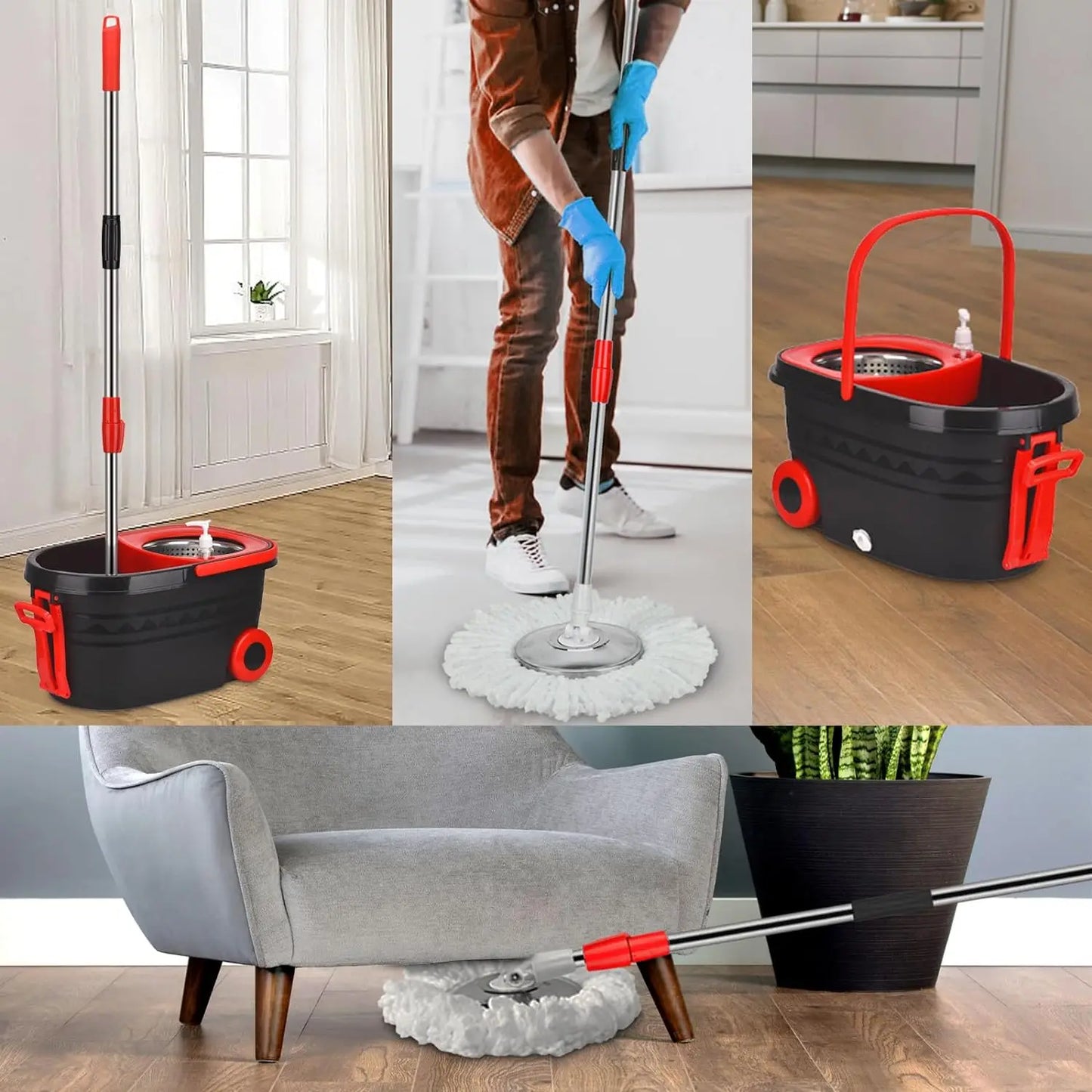 Black Spin Mop Bucket Sets Wrings System, Bucket with Wheels Extendable and Adjustable Handle, 3 Replacement Mop Refills