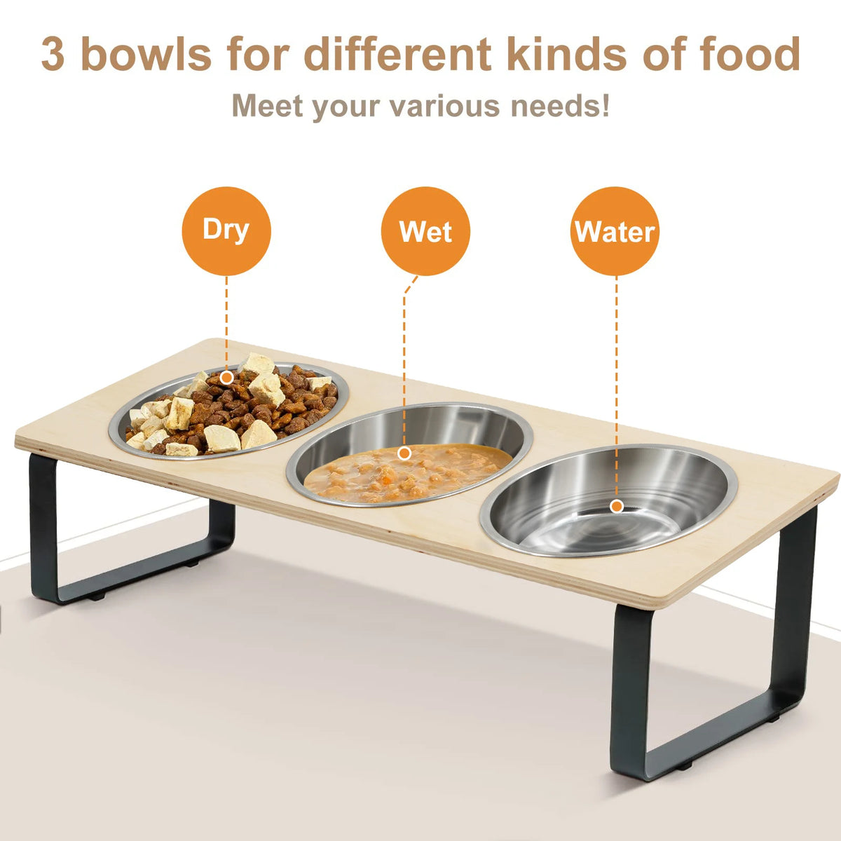 Elevated Cat Bowls Feeder 15° Tilted Raised Feeding & Watering Supplies Pet 3 Stainless Steel Bowls with Stand for Cats Puppies