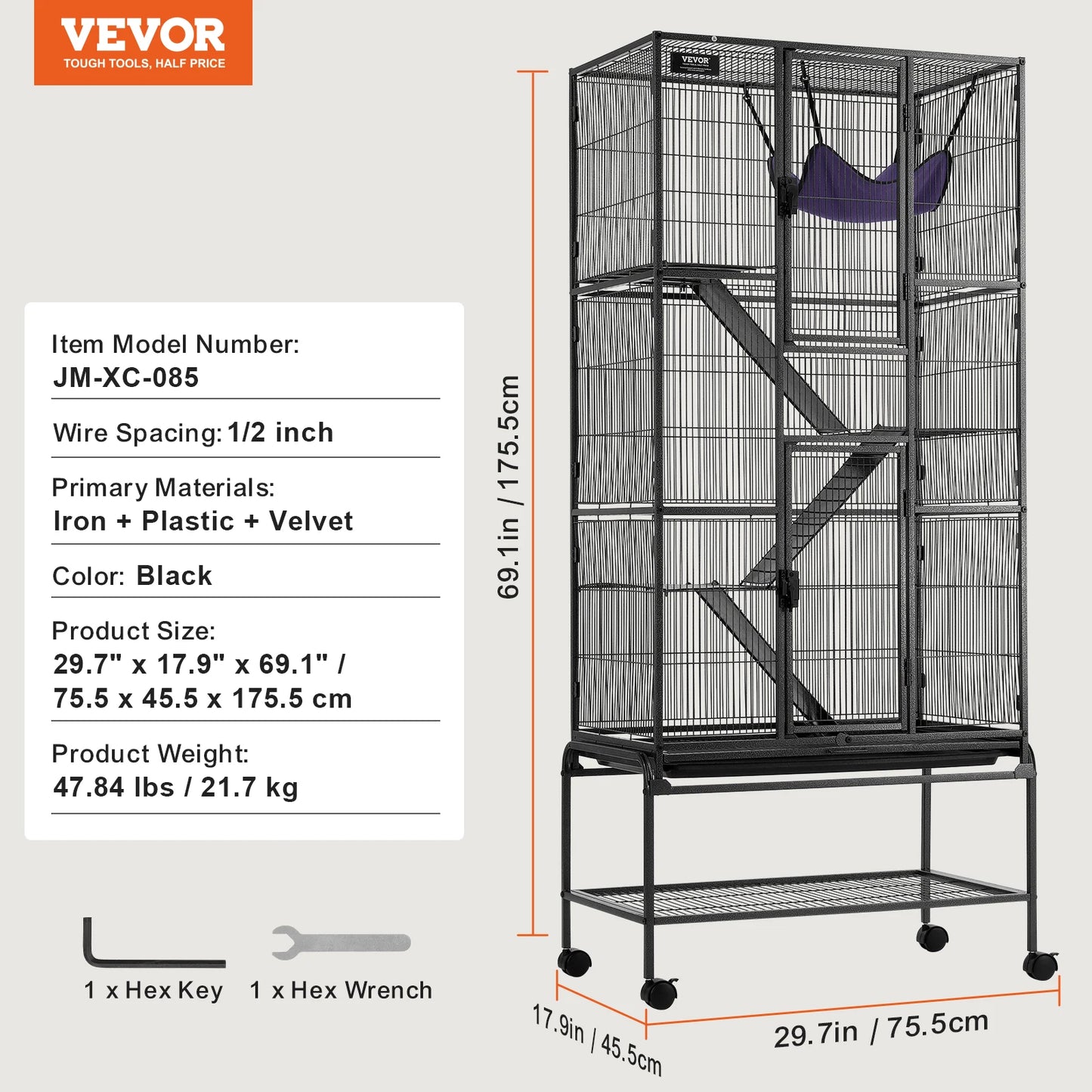 64.6" Rolling Metal Ferret Cage Large 4-Tier Critter Nation Cage Small Animal Cage for Rats Hamster Guinea Chinchilla