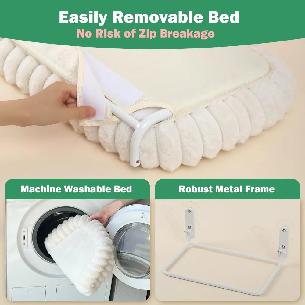 Foldable Cat Window Perch - Cordless, Ultra Soft Machine Washable Bed with 4-Sided Bolster, Metal Frame - Window Hammock for Large Cats and Kittens, Cream White, Medium