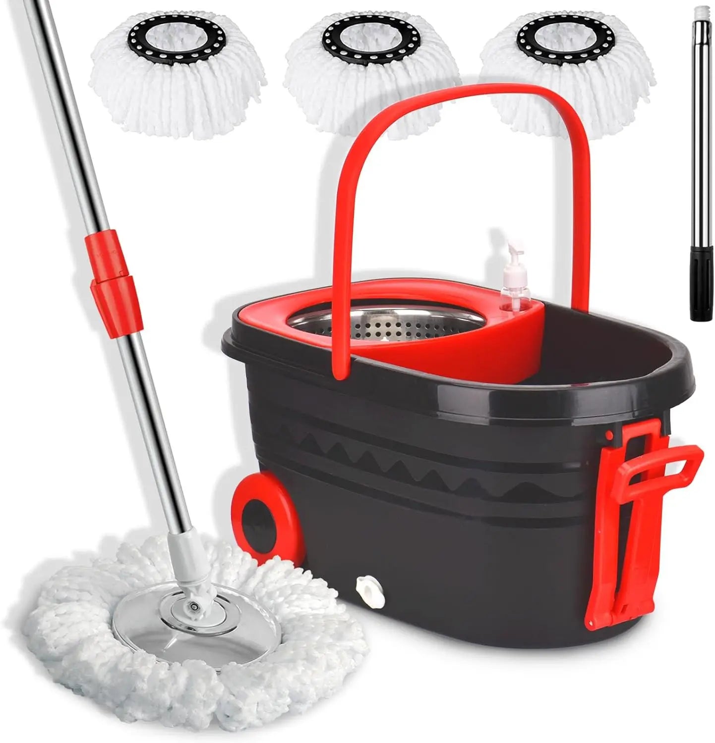 Black Spin Mop Bucket Sets Wrings System, Bucket with Wheels Extendable and Adjustable Handle, 3 Replacement Mop Refills