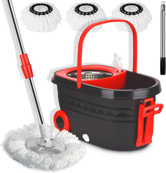 Black Spin Mop Bucket Sets Wrings System, Bucket with Wheels Extendable and Adjustable Handle, 3 Replacement Mop Refills