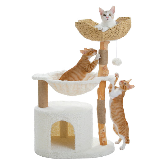 Modern Cat Tree with Large Wicker Basket Natural Solid Wood Scratching Posts Spacious Condo Hammock Luxury Cat Tower for Indoor Cat Toys
