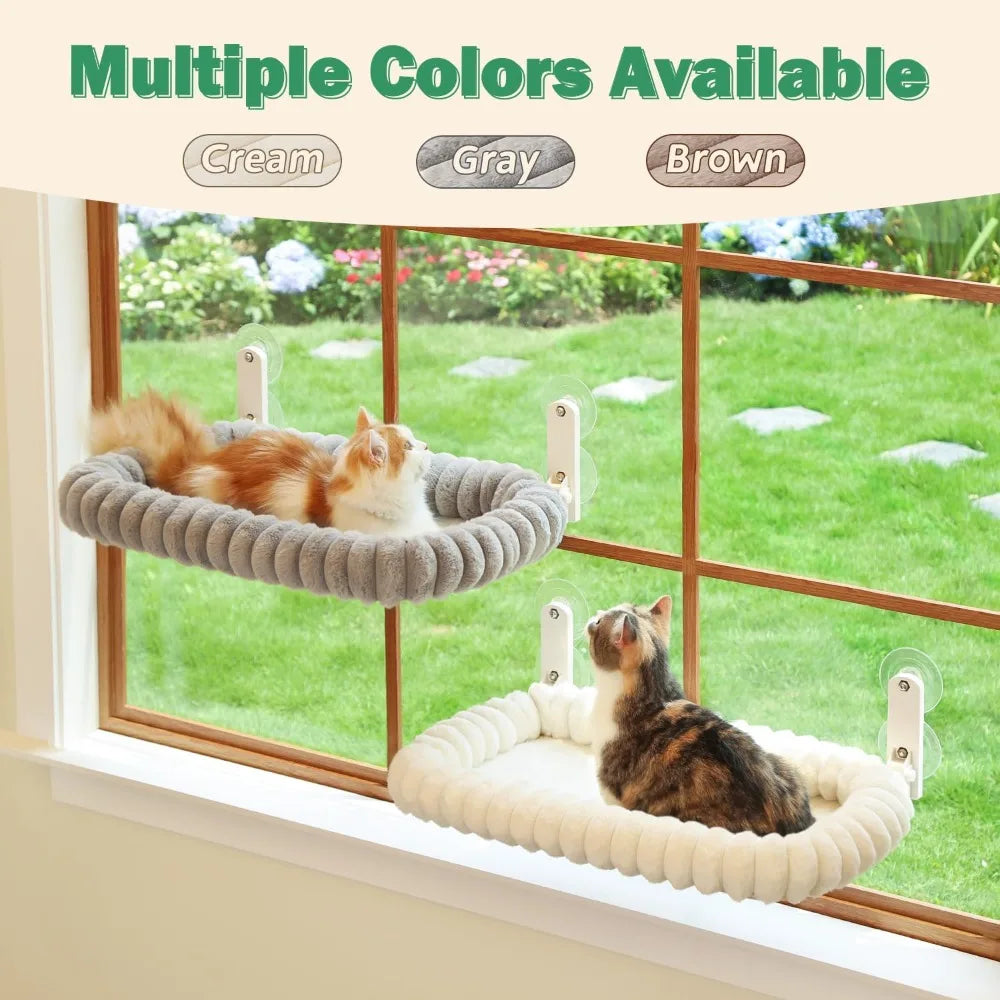 Foldable Cat Window Perch - Cordless, Ultra Soft Machine Washable Bed with 4-Sided Bolster, Metal Frame - Window Hammock for Large Cats and Kittens, Cream White, Medium