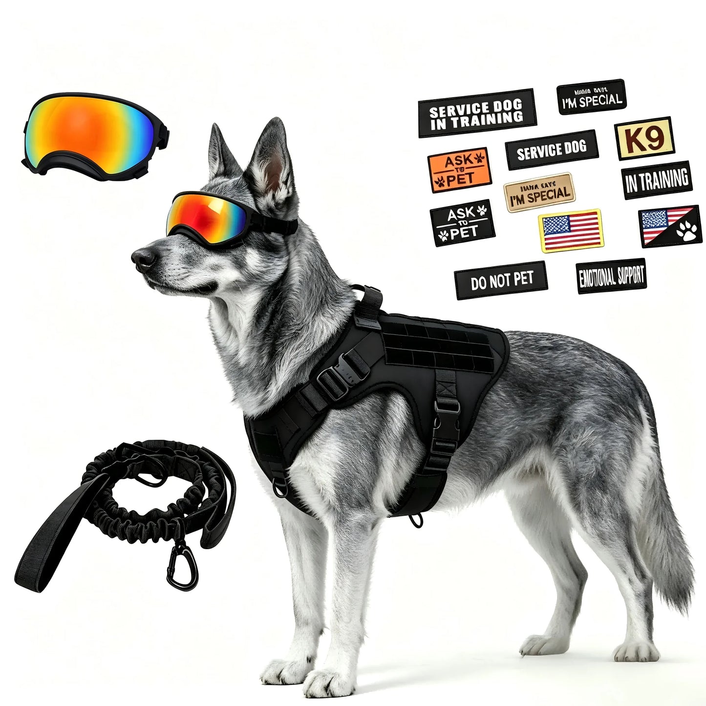 Tactical Dog Harness With Leash 12pcs Patches and Sunglasses For Medium Large Dogs Adjustable Vest  For Outdoor Walking Training