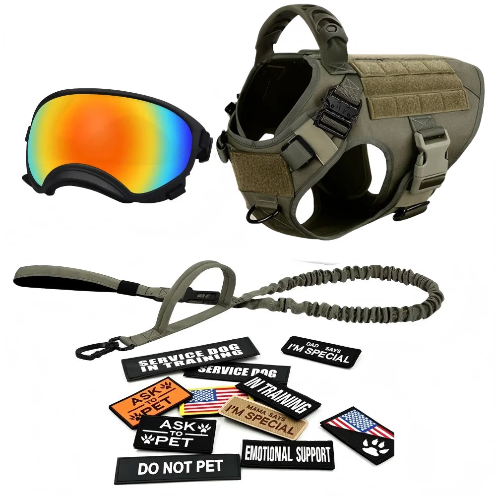 Tactical Dog Harness With Leash 12pcs Patches and Sunglasses For Medium Large Dogs Adjustable Vest  For Outdoor Walking Training