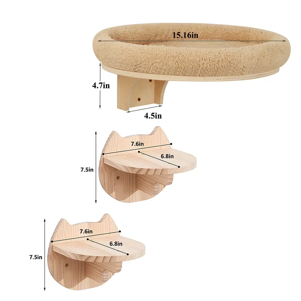 Cat Wall Mounted Solid Wooden Furniture Climbing Ladder and Cat Hammock with Scratching Post for Activity Indoor Cats