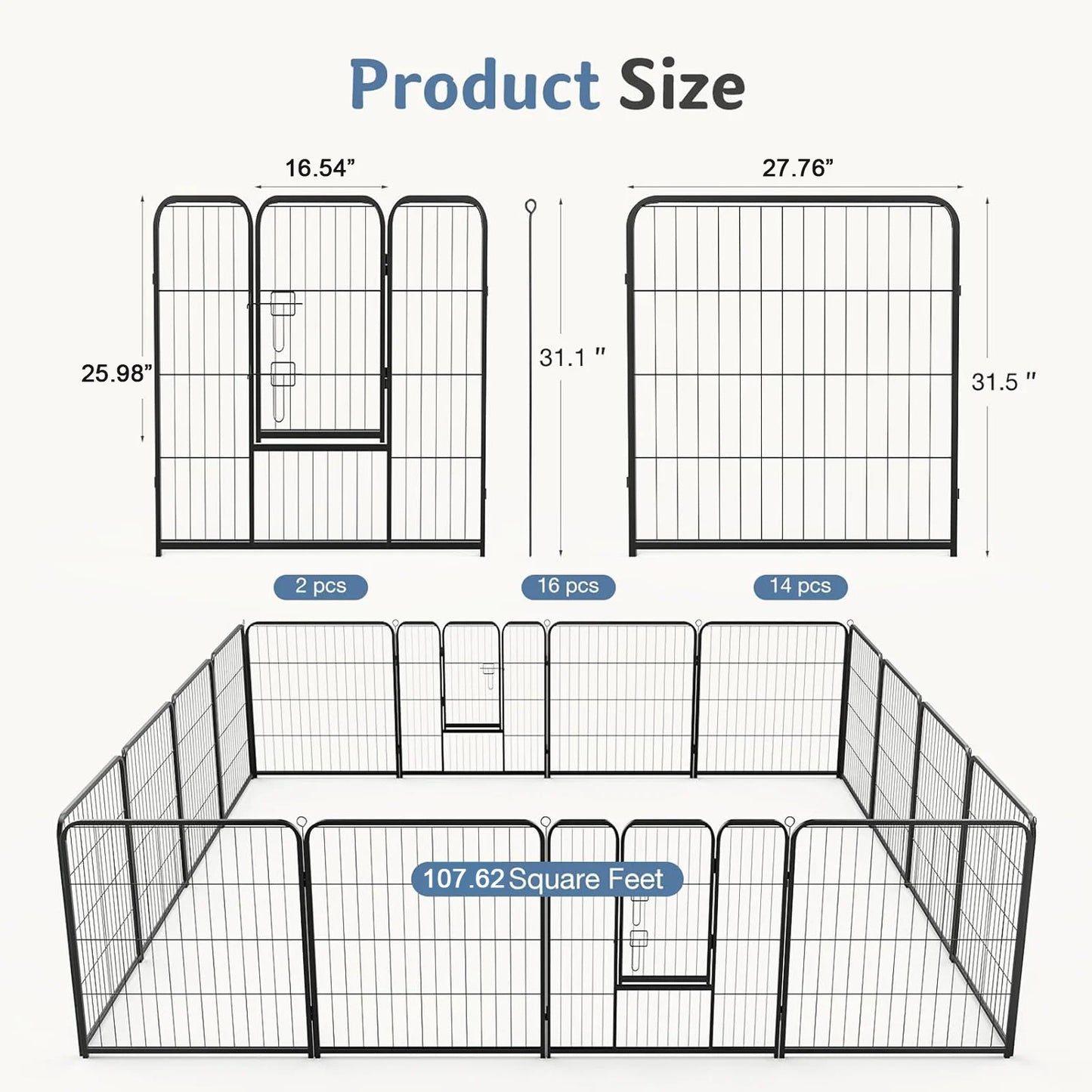 JHK 16 Panels Dog Playpen Pet Fence Metal 24 Inch to 32 Inch Foldable Large Dog Puppy Exercise for Yard Gate Camping Outdoor