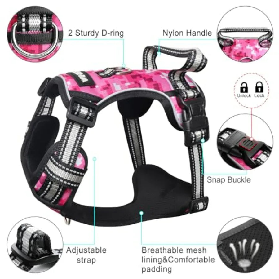 Dog Harness No Pull, Pet Harnesses with Dog Collar, Adjustable Reflective Oxford Outdoor Vest, Front/Back Leash Clips